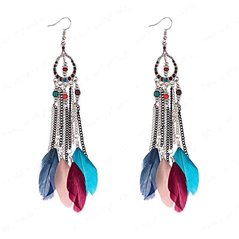 Nouvelles boucles d'oreilles longues plumes bleues ethniques pour femmes Jhumka Jhumki chaîne perles indiennes boucles d'oreilles à la main Oorbellen