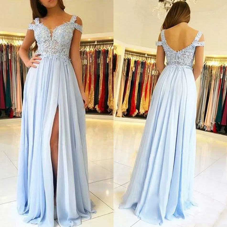 2023 Abito da damigella d'onore a trapezio con applicazioni in pizzo blu baby Abito da cerimonia nuziale con spacco laterale in chiffon Plus Size Prom Abito da sera da sera