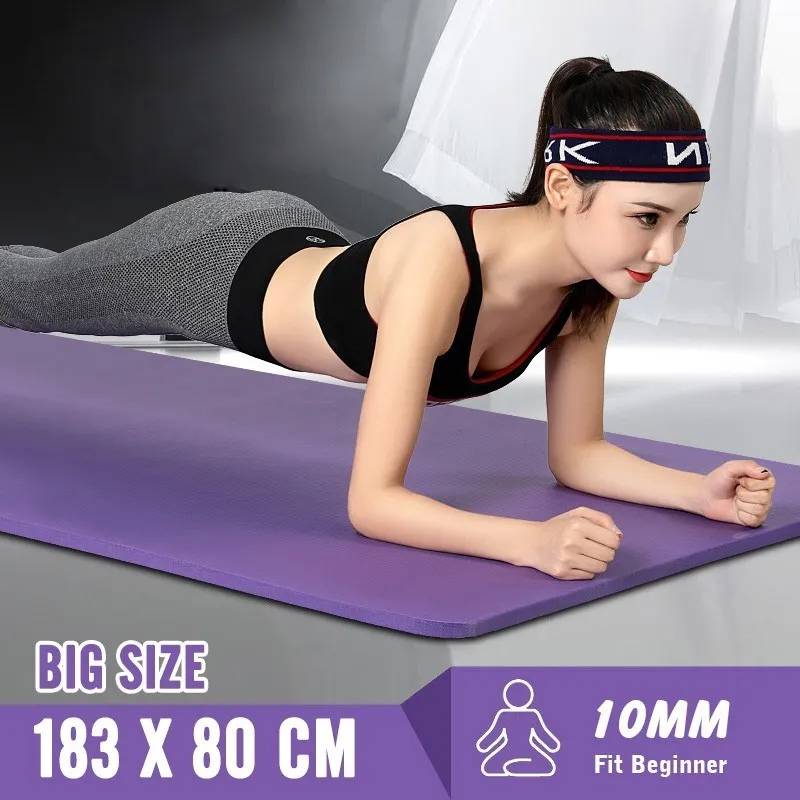 10 mm extra tjock 183x80 cm plus storlek NBR icke-slip yogamattor för fitness smaklösa pilates tapete gym träning kuddar med bandage