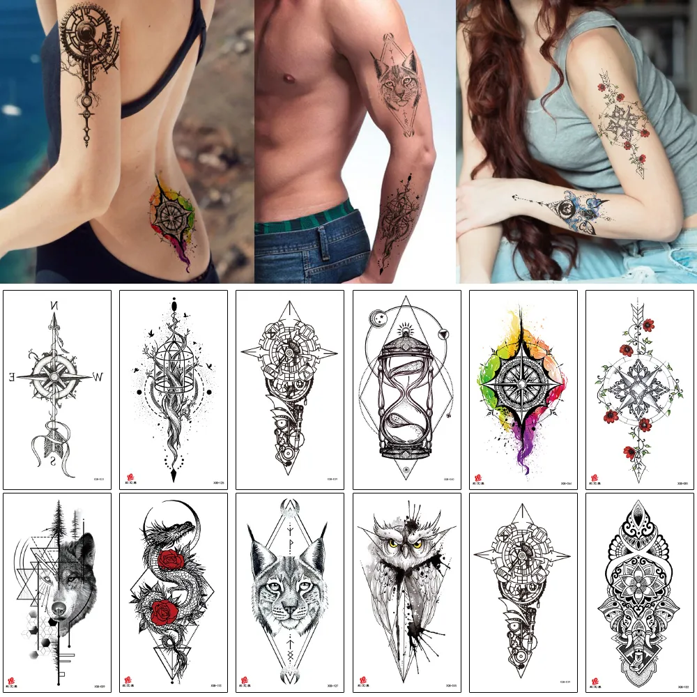Temporary Tattoo Cool Cat Geometry Arrow Tiger Wolf Compass Chest Arm ...