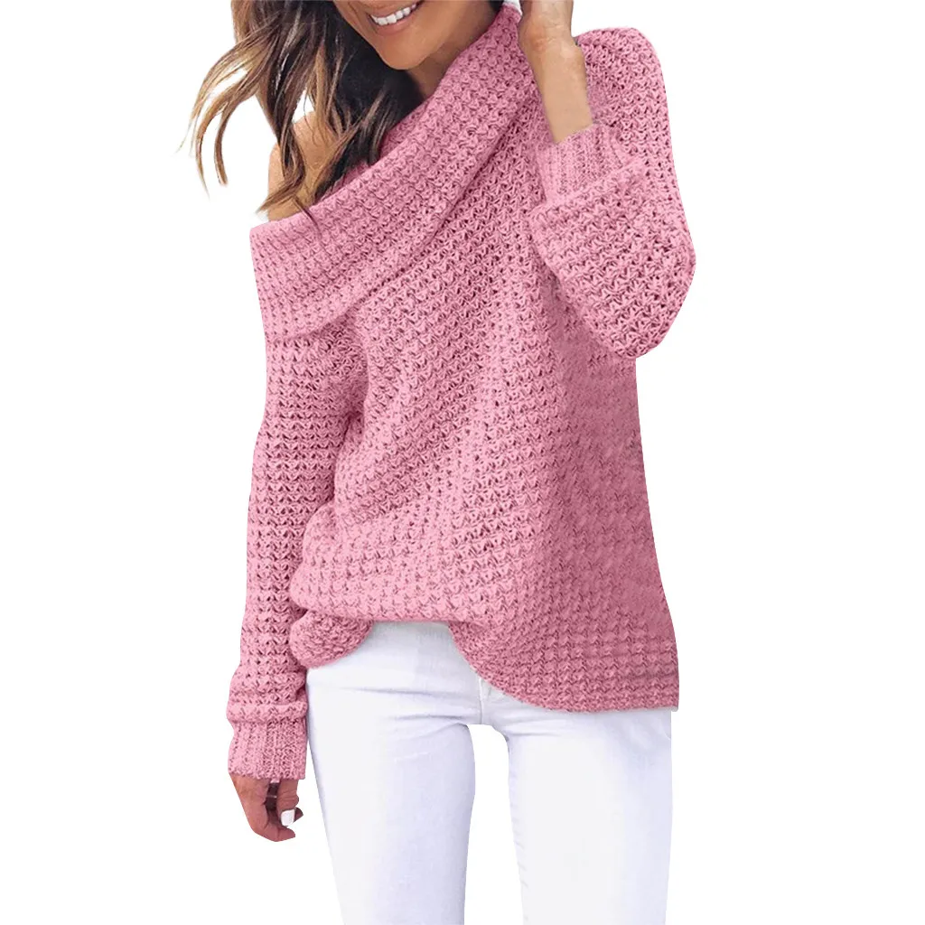 Jaycosin Clothes Winter Women Shoulder Long Sleeve Party Knitting Pullover Sweater Fashion Solid Color Casual Sweater Dress