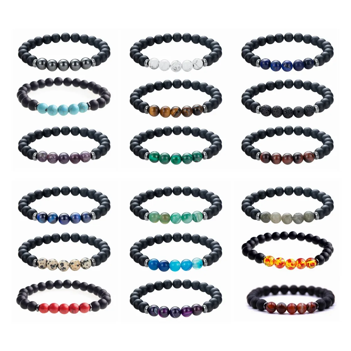 12 pièces femmes Chakra Yoga Bracelets naturel mat Onyx pierre Stretch guérison bracelet cristal bijoux pour la vente en gros