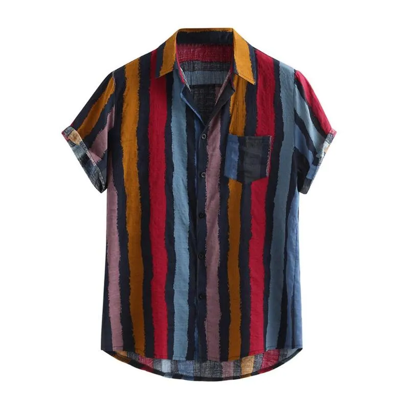 Nuovo design estivo da uomo taglie forti sciolto multicolore manica corta a righe camicie con orlo arrotondato tasca sul petto casual top