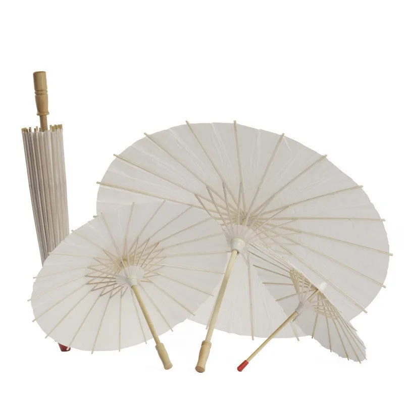 Vitt papper paraply kinesiskt mini hantverk bröllop parasoll 20-60 cm bambu handtag papper paraplyer