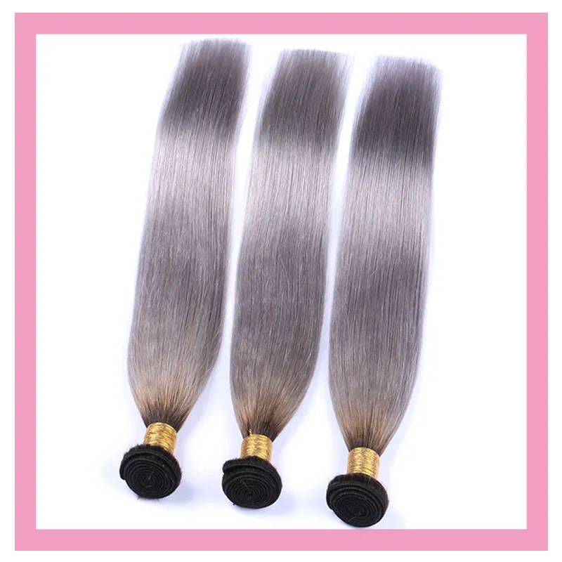 Malaysian Unprocessed Human Hair Extensions 1B Grey Silky Straight 3 Bundles 1B/Grey Two Tones Color Hair Wefts