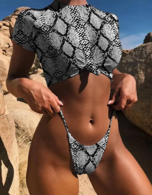 costume da bagno intero da donna caldo solido con nodo in vita corpo diviso sexy bikini a mezza manica vestito yakuda bikini da spiaggia sportivo flessibile ed elegante