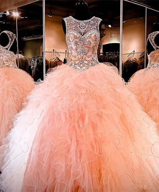 2019 Shining Blush Peach Vestidos de quinceañera Vestido de fiesta con cuentas Dulce 16 años Vestido de fiesta de graduación Vestidos De 15 Anos QC1377