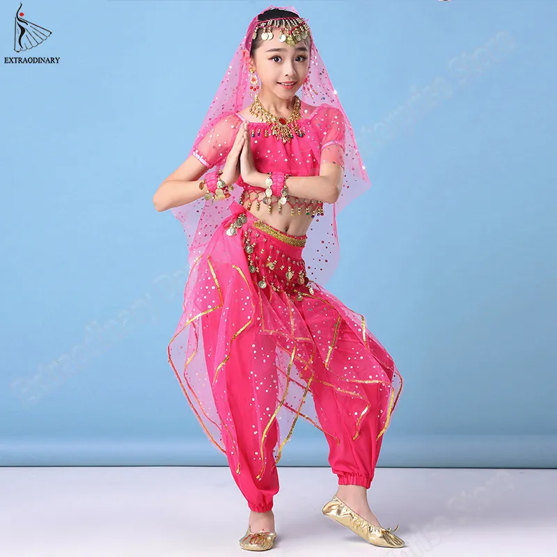 Barn Belly Dance Top Belt Veil Pants Halsband Kostym Set Bollywood Dance Kids Chiffon Coin Performance1215f