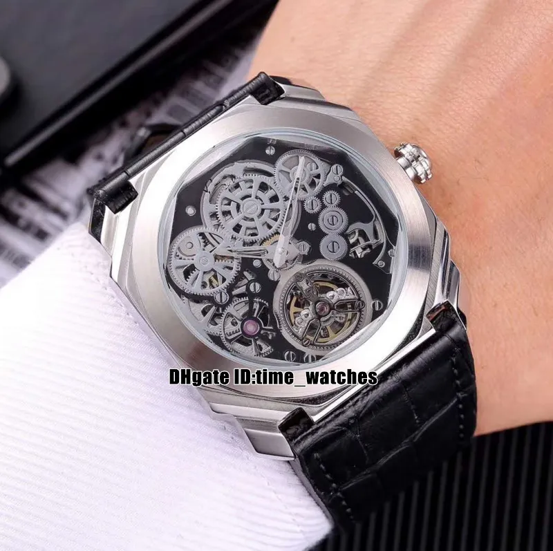 Neue OCTO Tourbillon 102719 BGO40PLTBXTSK Automatik-Herrenuhren, silbernes Gehäuse, schwarzes Lederarmband, 42 mm, hohles Zifferblatt, beliebte Herren-Sportuhren