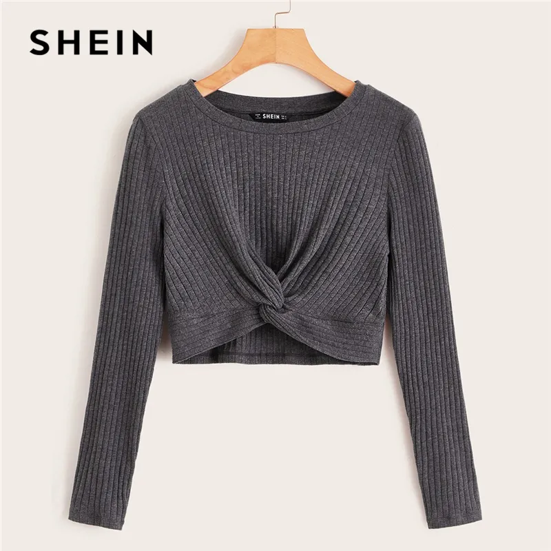 Shein Solid Twist Front Rib-stickad Crop Top Fitted T Shirt Women Autumn Winter Long Sleeve Round Neck Casual Söta tshirt Tops