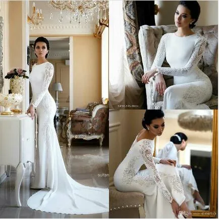 2020 Modest Mermaid Suknie Ślubne Koronki Appliqued Zroszony Berta Sweep Pociąg Suknia ślubna Boho Suknie Ślubne Plus Size Rękawy Abiti Da Sposa