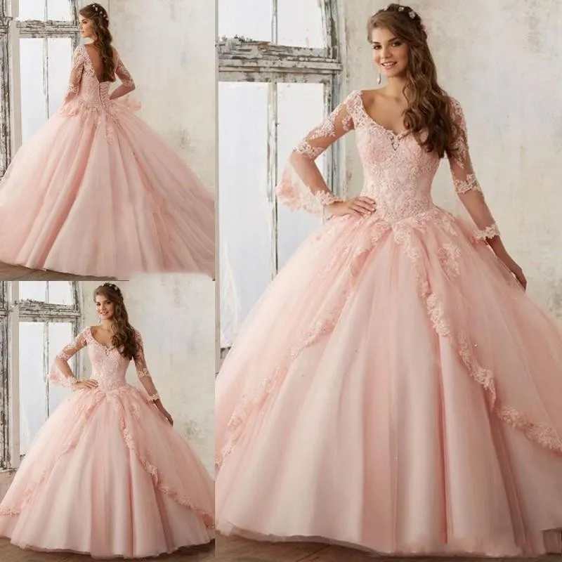 Elegant Baby Pink Long Sleeve Lace Ball Gown Dress ... From Syxl_dress,  $164.17 | DHgate.Com