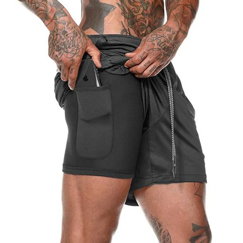Doble capa de hombres de los cortocircuitos del basculador 2 en 1 pantalón corto gimnasios bolsillo incorporado Bermuda Beach secado rápido macho pantalón