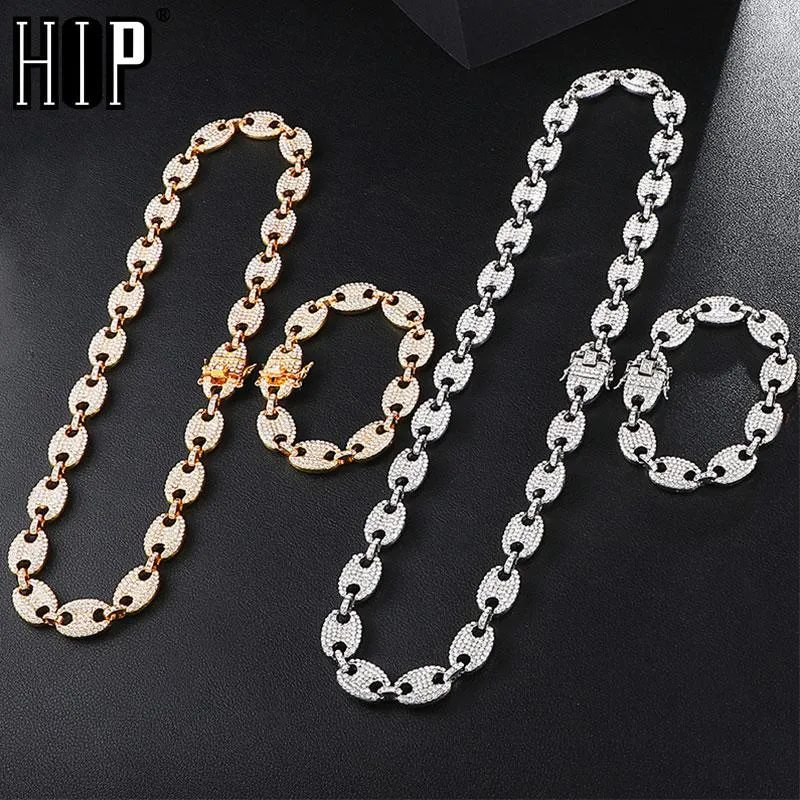 HIP HOP 1kit Bling chaînes Multicolore Grain De Café Glacé CZ Nez De Cochon Strass Charme Lien Chaîne Colliers Bracelet pour Hommes Bijoux