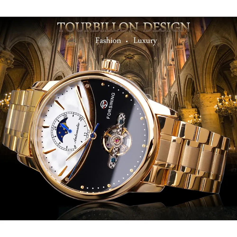 Forsining Orologio da uomo automatico Golden Sun Moon Phase Steel Band Tourbillon Nero Bianco Viso Business meccanico Reloj Hombre302u