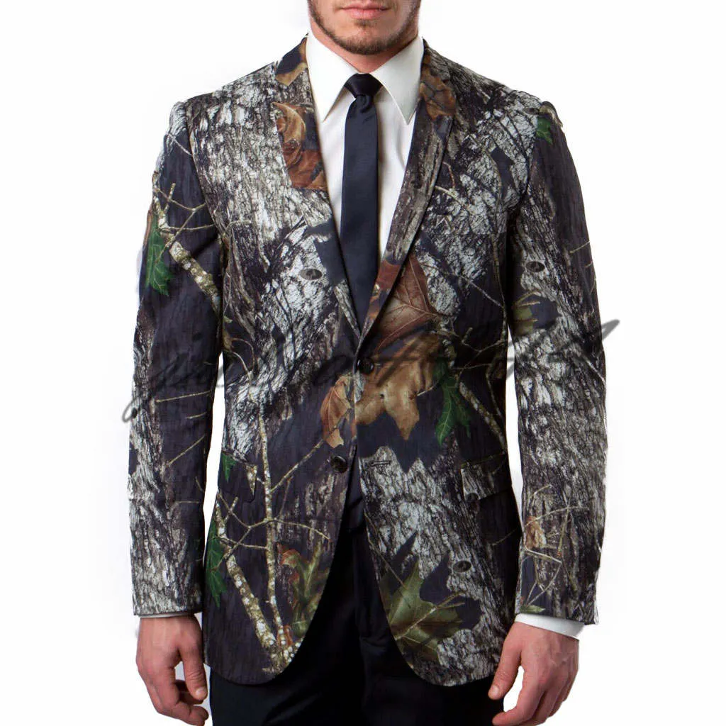 Full Camouflage Groom Satin Wedding Tuxedos Camo notched Lapel Groomsmen Custom Formal Father Men bär bara jackbåge eller tie323v