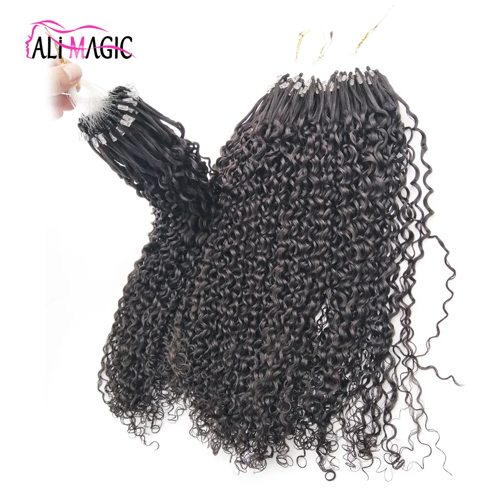 Micro Ring Bead Loop Human Hair Extensions Cuticle Aligned 1g / Strand 100g / Lot Djupa våg Kinky Curly Bundles