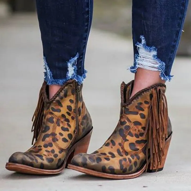 Leopard Print Sexy Pointed Toe Ankle Boots Slip on Deep V High Heel boots Lady Shoes