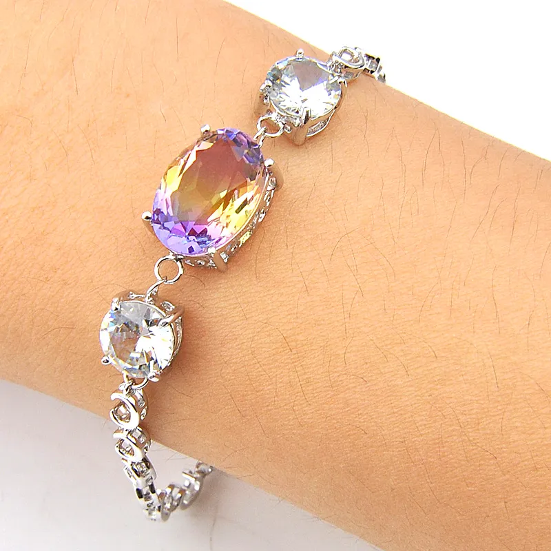 Luckyshine Oval Bi Colored Tourmalin Gem Crystal Bracelet