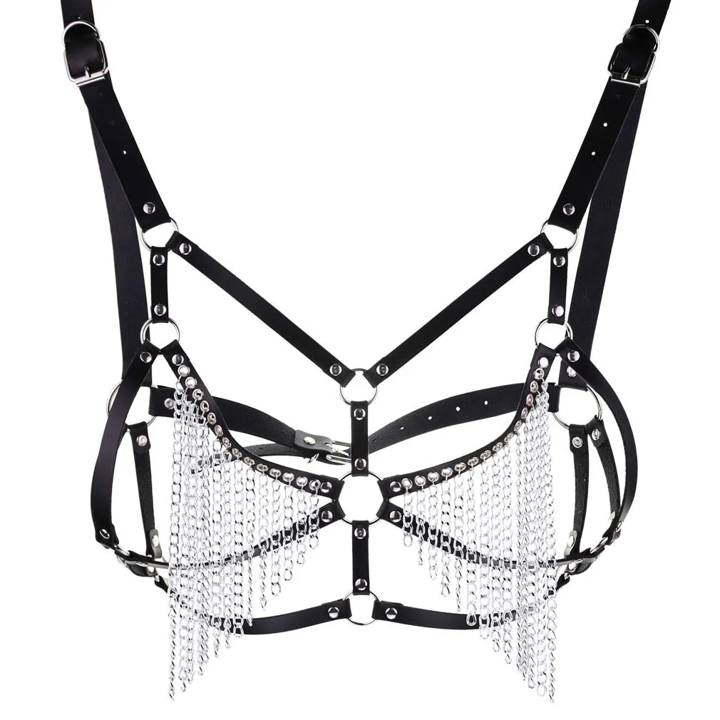 Punk PU Faux Leather Bra Top Metal Body Chain Harness Gypsy Chest  Multilayer Top