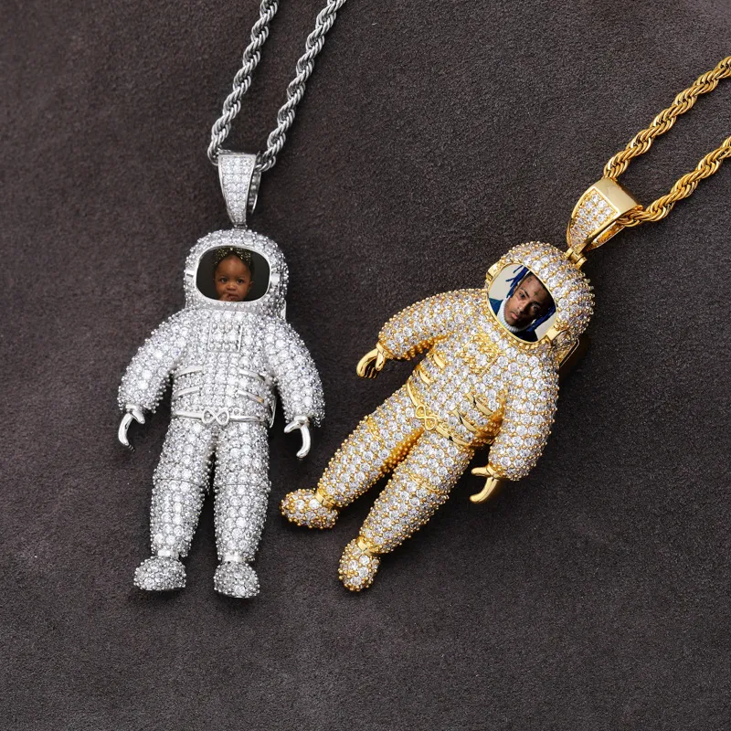 Collier pendentifs astronaute cadre Photo personnalisé pour hommes pierre CZ pavée Bling glacé Hip Hop rappeur bijoux