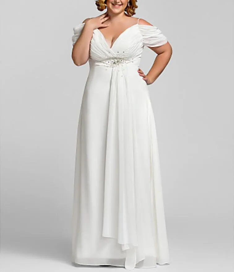 Top Selling Empire Plus Size Bridesmaid Dress A-Line Spaghetti Strap Sexy V-neck Floor Length Chiffon Formal Evening Dress with Short Sleeve