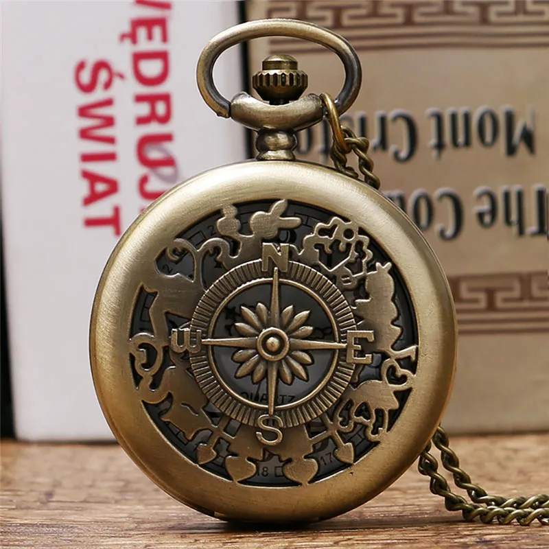 Vintage Retro Hollow Compass Design Quartz Pocket Watch Bronze Fob Watches Gift for Women Men relogio de bolso