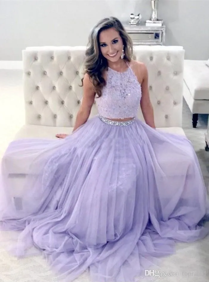 lavender 2 piece prom dress Lavender Halter Neck Lavender prom dresses with Lace, Beaded Crystals, and Backless