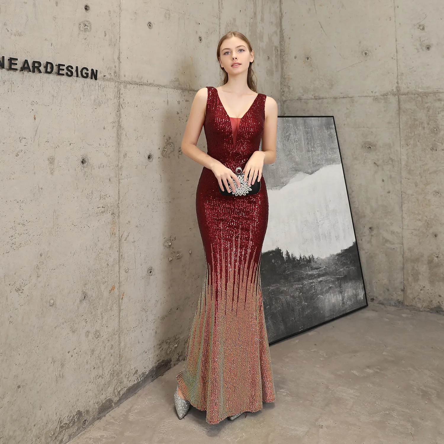Burgundy Sequin Fringe Prom Dress With Sparkling Details And