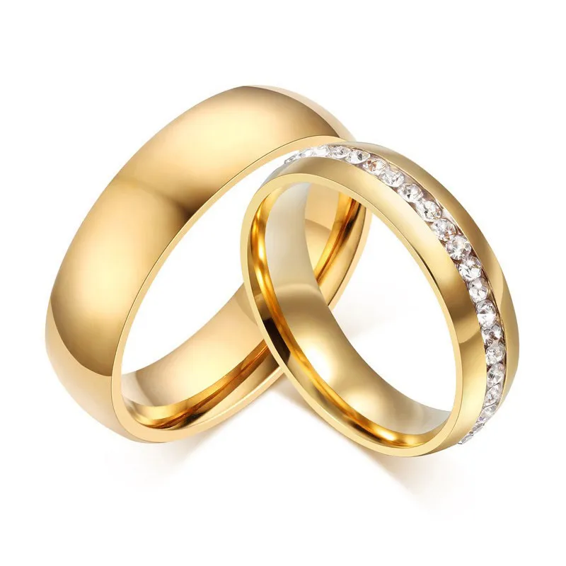 wholesale 50 pairs/Lot Silver/Gold Plated 6mm Stainless Steel Rings Rhinesdtone Fashion Wedding Bands Couple Ring Jewelry Gifts