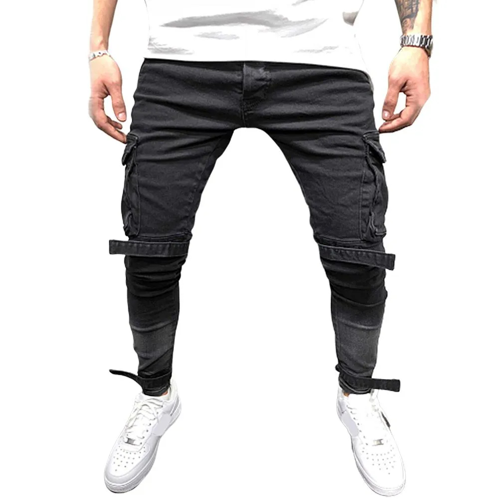 MISSKY Men Jeans Solid Color Long Pants Fashion Jeans with Pockets Binding Trouser Legs Casual Pants Male Clothes