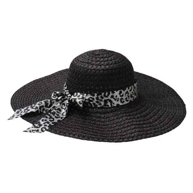 Kvinnor Summer Straw Sun Hat Wide Brim Bucket Cap Retro Leopard Ribbon Big Straw Bowknot Beach Cap 13 färger
