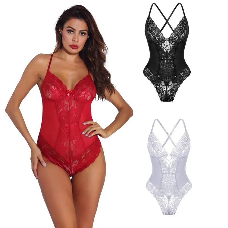 Kadın Seksi Midnight Lingerie Sheer Çiçek Dantel Mesh Teddy Ve Bodysuit ile Criss-Cross Ayarlanabilir Sapanlar Pijama Iç Çamaşırı S-XXL Mult