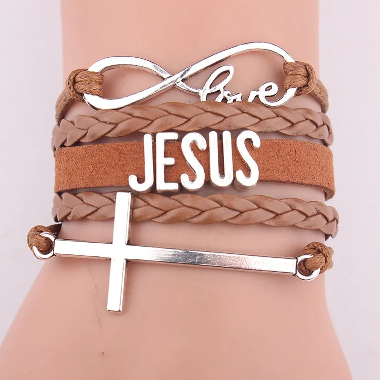 Mode cuir Christian infini amour mariage bracelet manchette fait main j'aime jésus bracelet bijoux hommes