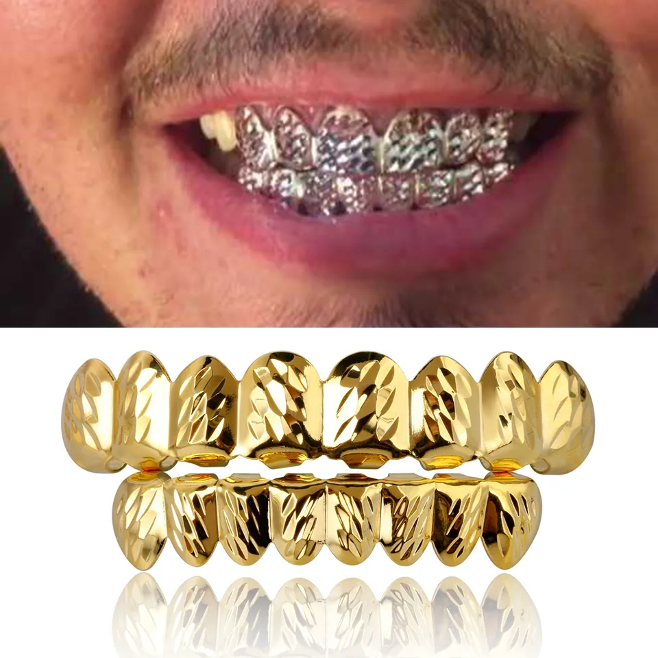 18K Gold Plated Hip Hop Tooth Grills With CZ Crystals – Top & Bottom Set – Unisex