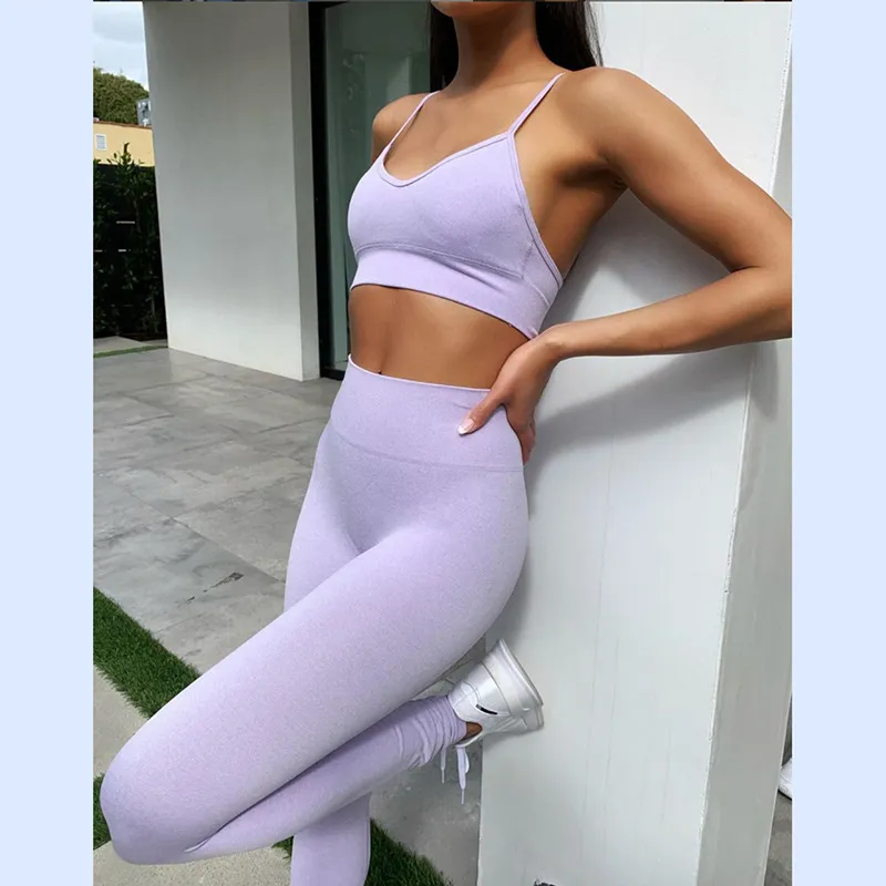 Womens White And Purple Sport Set: Crop Top And High Waisted