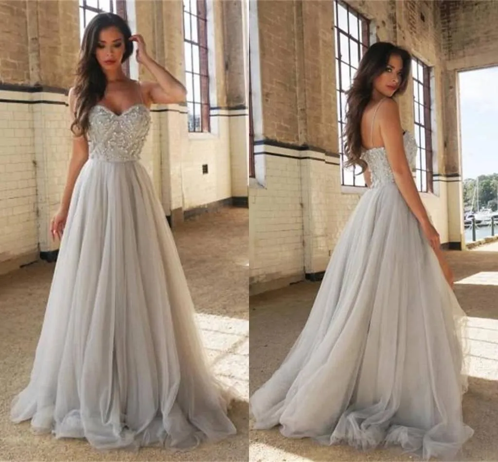 Sexy Silver Spaghetti Straps A Line Beaded Prom Dress Sweetheart Tulle Backless Elegant Formal Evening Dress 2022 Beach Boho Bridal Gowns