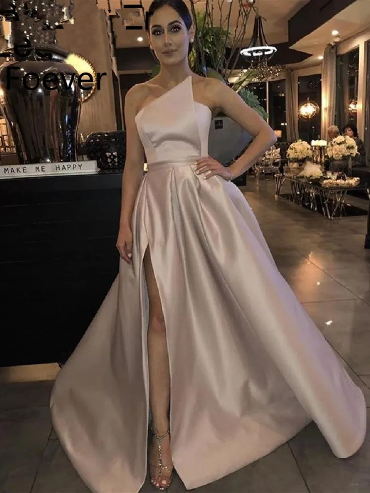 Elegant Prom Dress 2019 A-Line Satin Off the Shoulder strapless stain High side Slit Dubai Saudi Arabic Long Evening Gowns floor length