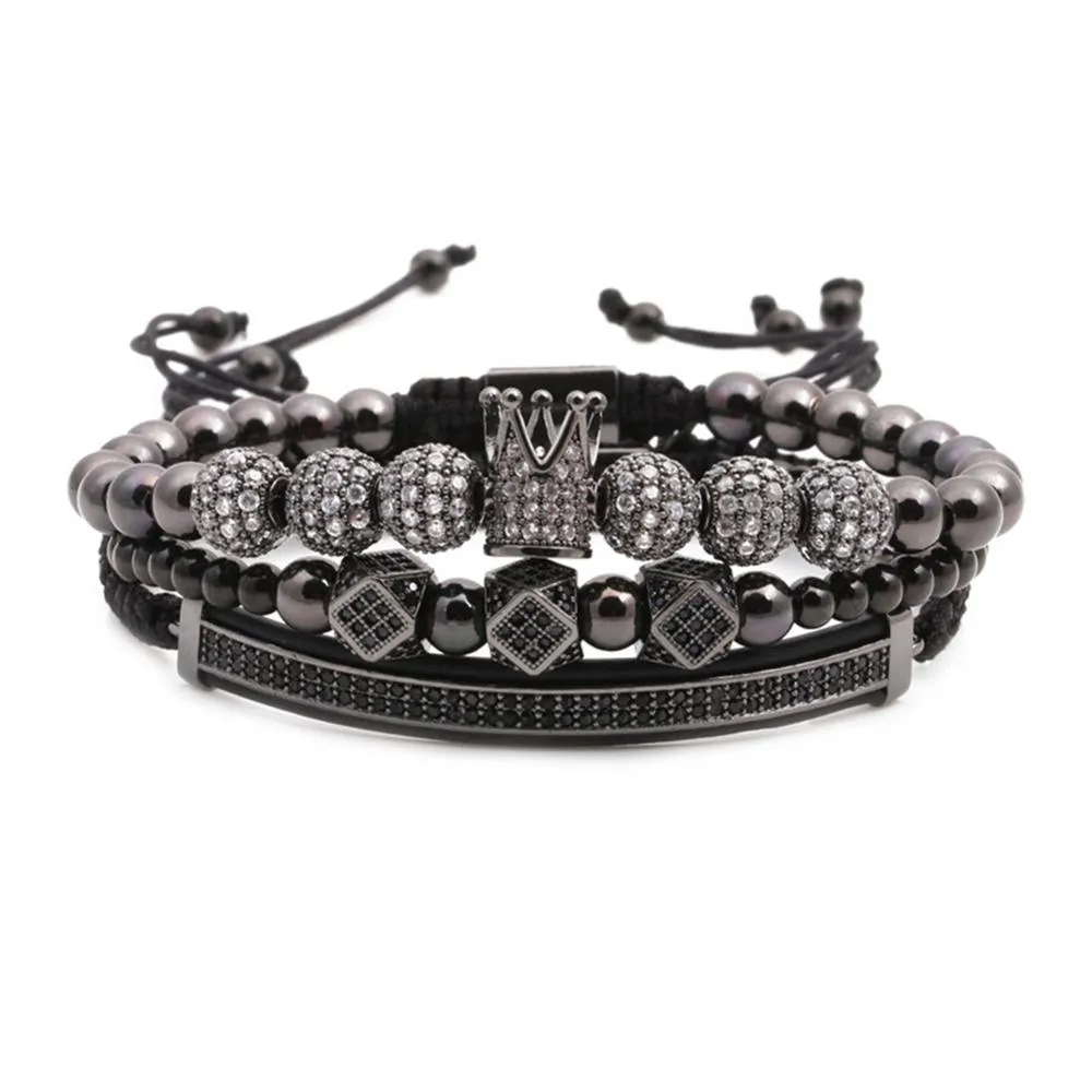 3 pièces/ensemble Hip Hop or couronne Bracelets cubique Micro pavé CZ boule charme tressé tressage pour femmes homme bijoux de luxe