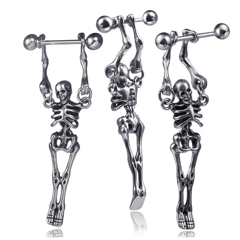 Pendientes colgantes de esqueleto de acero inoxidable 316L, barra de oreja de calavera, joyería para piercing para salón y suministros para Piercing