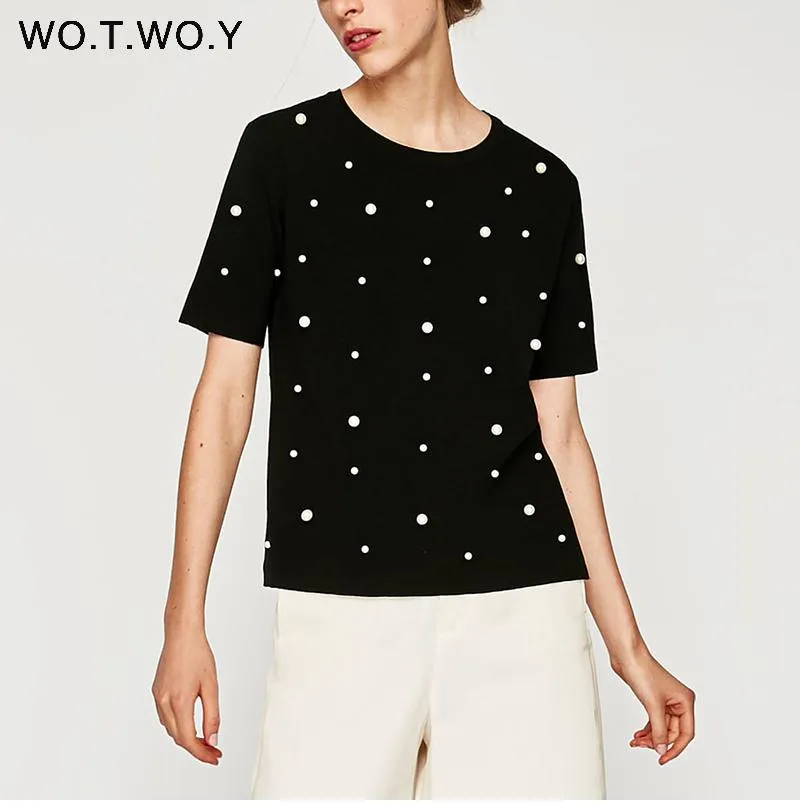 Summer Pearls Beaded Women T-Shirt Cotton Loose Casual Women Tops Black Short Sleeve Ladies O-Neck Tee Shirt High Quality