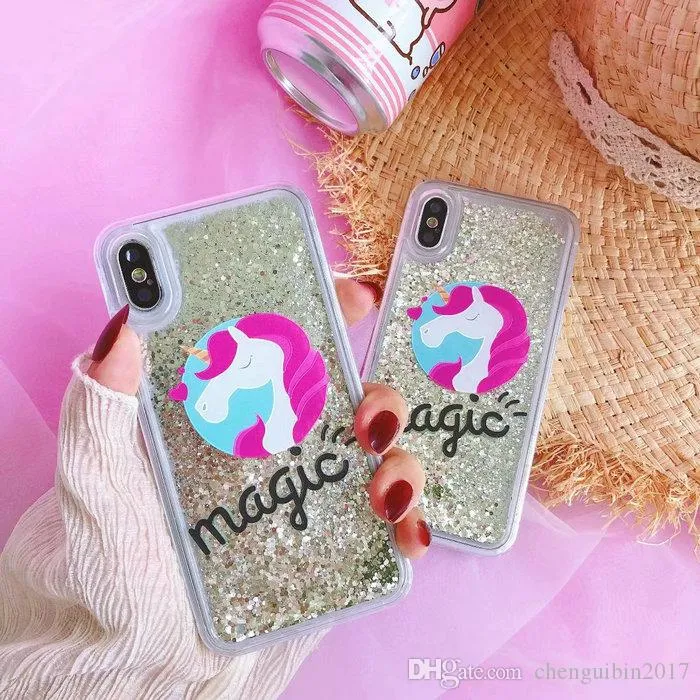 Leuke Cartoon Unicorn Letter Iquid Quicksand mobiele telefoon case cover voor iphone x 7 7Plus 8 8PLUS 6 6PLUS 6S TPU + PC