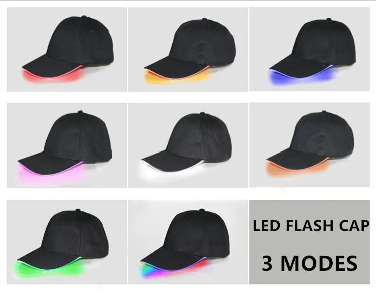 LED Light Baseball Cap 3 Tryby sygnałowe czapkę 24 Stylesparty Club Black Nowy materiał podróżujący Reflektor Reklama Nocna Hat180h