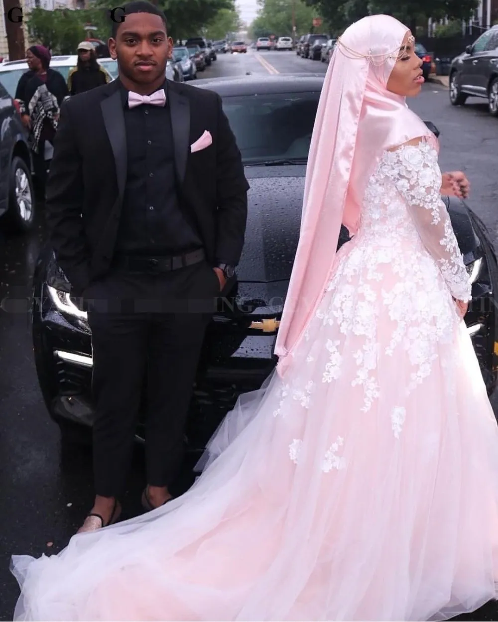 2019 Elegant High Neck Long Sleeves Pink African Muslim Wedding Dresses Lace With Hijab 3D Flower Appliques Black Girls Bridal Gowns From 61 DHgate