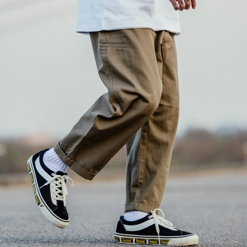 Loose-fit Belt Cropped Pants Men Casual Loose Straight Basic Canvas Trousers Mens Wide-leg Ankle-Length Cargo Pants