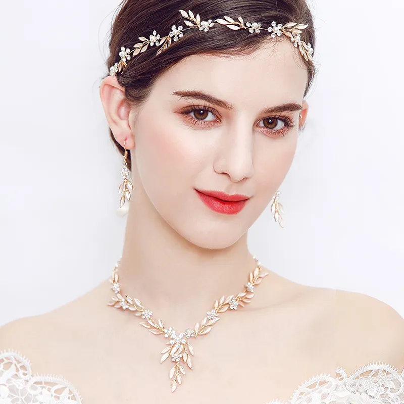 Jonnafe Vintage feuille d'or collier fait main boucles d'oreilles ensemble perles bijoux de mariée ensembles mariage bal femmes accessoires