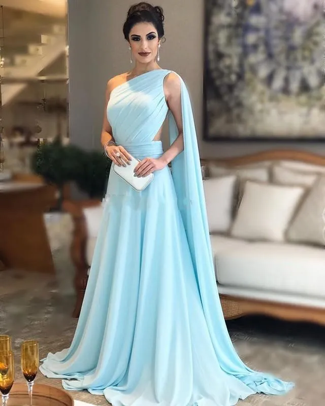 Billiga arabiska turkos himmelblå prom klänningar en axel lång en linje chiffong ren öppen rygg formell festklänning aftonklänningar