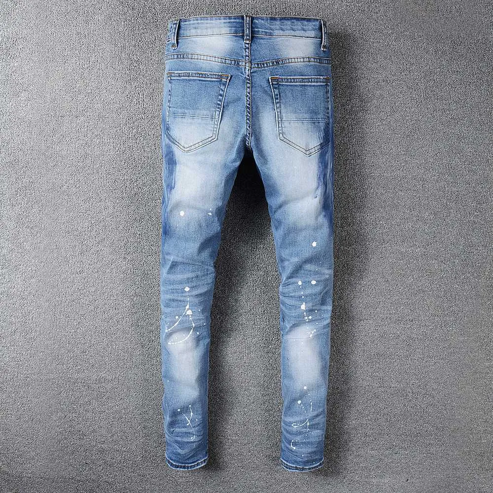 Sokotoo hommes strass cristal patchwork bleu clair déchiré jean Slim fit skinny stretch denim pants287K