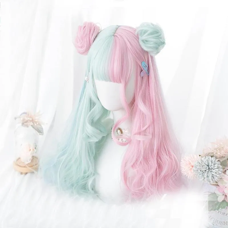 Cosplaymix 57CM Lolita Makaron Color Pink Mixed Mint Green Blue Ombre Long Curly Bangs Cute Synthetic Buns Cosplay Wig