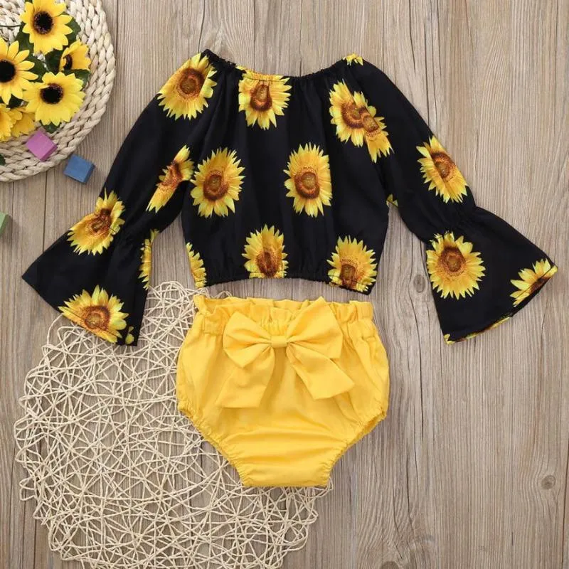 Roupas de beb Conjunto de 2 pe as Caso infantil Roupas 2020 Impress o de girassol com camiseta longa Top top shorts roupas de roupas de beb